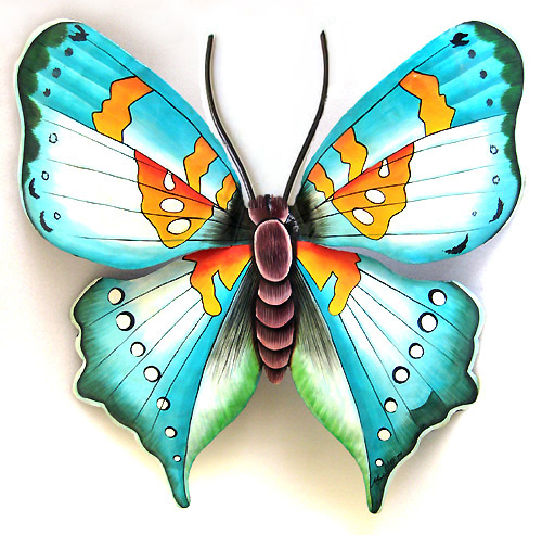 Beautifully hand painted aqua and gold butterfly wall hanging. Lovely for inside or outside of your home. 