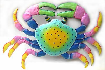 Aqua Crab Design in Hand Painted Metal Art - 15" x 22"