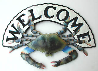 Painted Metal Art, Blue Crab, Nautical Welcome Sign, Coastal Wall Decor -  14 x 20