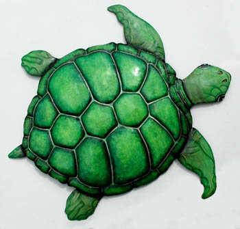 Green Sea Turtle Wall Hanging - Handcrafted Painted Metal - 20" x 24"