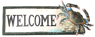 Hand Painted Metal Blue Crab Welcome Sign, Beach Decor,  Nautical Decor - 8" x 20"
