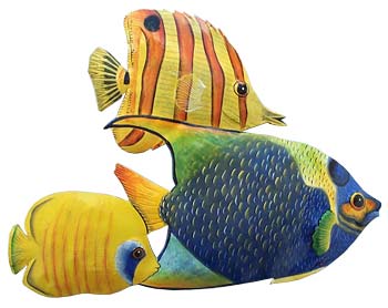 3 Brightly Painted Tropical Fish -Hand painted tropical fish metal wall hanging Tropical art design. Handcrafted from recycled steel drums in Haiti. Caribbean wall decor.