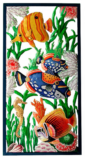 Large Hand Painted Tropical Fish Wall Panel - Wrought Iron Frame - 17" x 35"