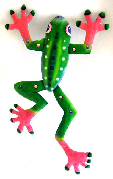 Tropical Frog Wall Hanging - Hand Painted Metal Outdoor Patio Decor - 12" x 20"