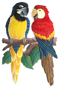 Hand Painted Metal Parrots Wall Art, Tropical Wall Decor, Haitian Steel Drum Art -17"