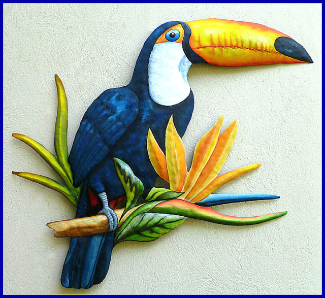 Hand Painted Metal Toucan Wall Hanging - Tropical Parrot Wall Art - 22" x 26"